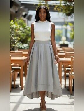 Sage Gray Pleated High Low Midi Maxi Skirt Elastic Waist Flowy Size XL